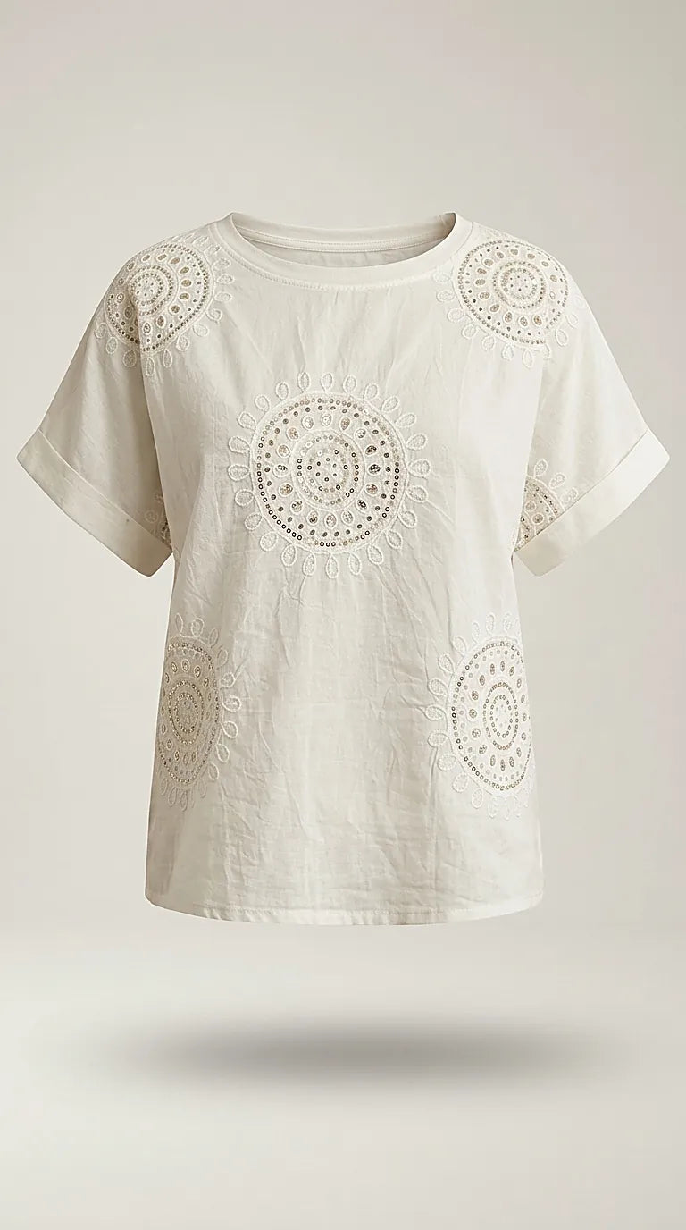Tricou din bumbac cu broderie mandala și paiete, mânecă scurtă stil boho-chic | Mira Style