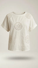 Tricou din bumbac cu broderie mandala și paiete, mânecă scurtă stil boho-chic