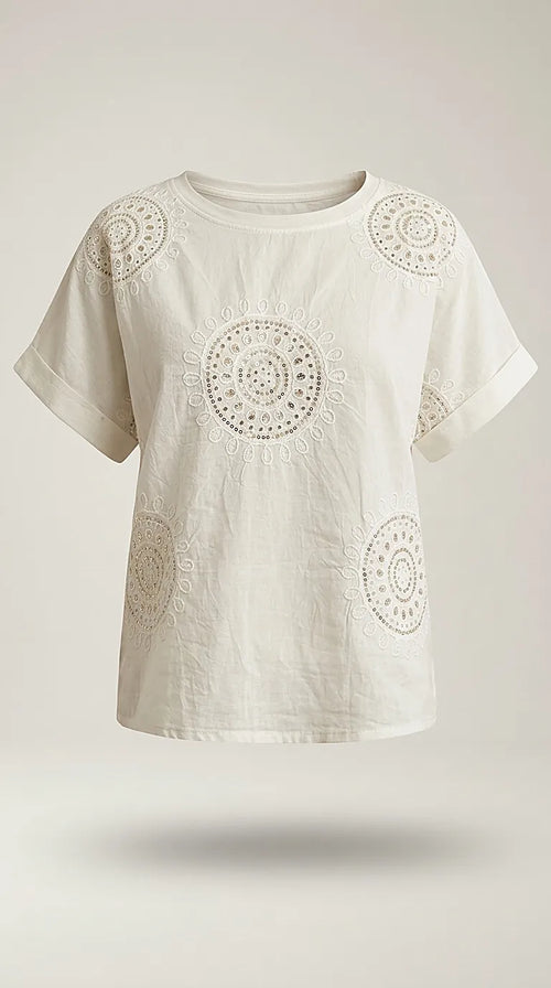 Tricou din bumbac cu broderie mandala și paiete, mânecă scurtă stil boho-chic