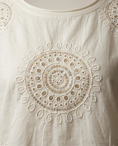 Tricou din bumbac cu broderie mandala și paiete, mânecă scurtă stil boho-chic