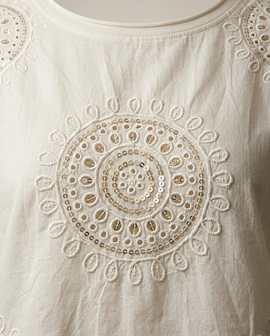 Tricou din bumbac cu broderie mandala și paiete, mânecă scurtă stil boho-chic