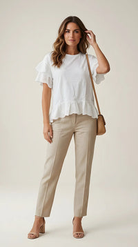 Tricou din bumbac cu volane duble din dantelă brodată și mâneci evazate, stil casual-chic | Mira Style