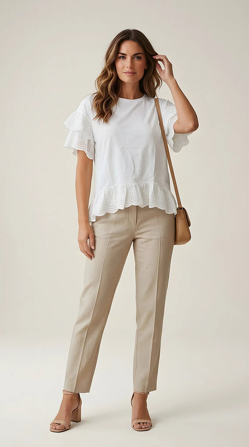 Tricou din bumbac cu volane duble din dantelă brodată și mâneci evazate, stil casual-chic