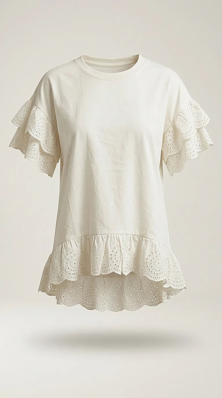 Tricou din bumbac cu volane duble din dantelă brodată și mâneci evazate, stil casual-chic | Mira Style
