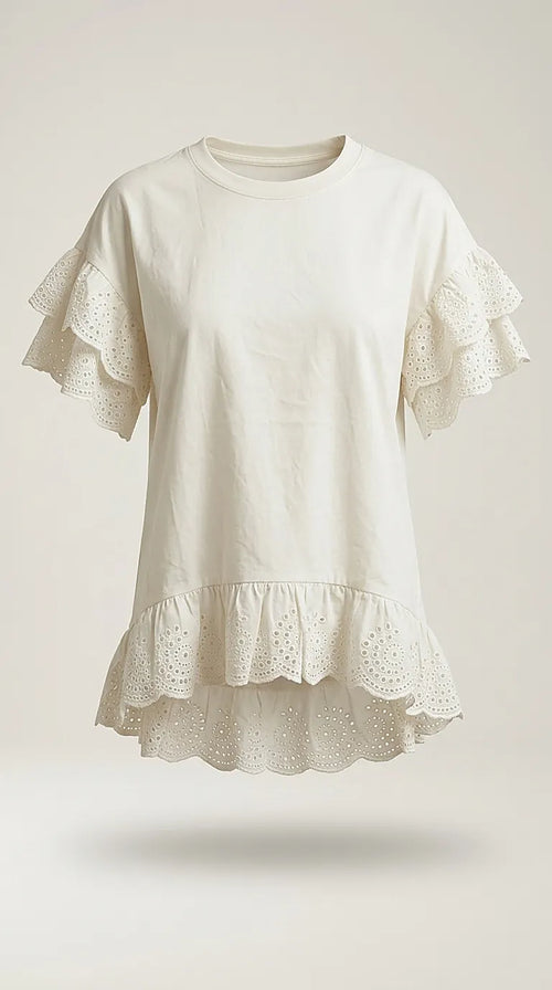 Tricou din bumbac cu volane duble din dantelă brodată și mâneci evazate, stil casual-chic