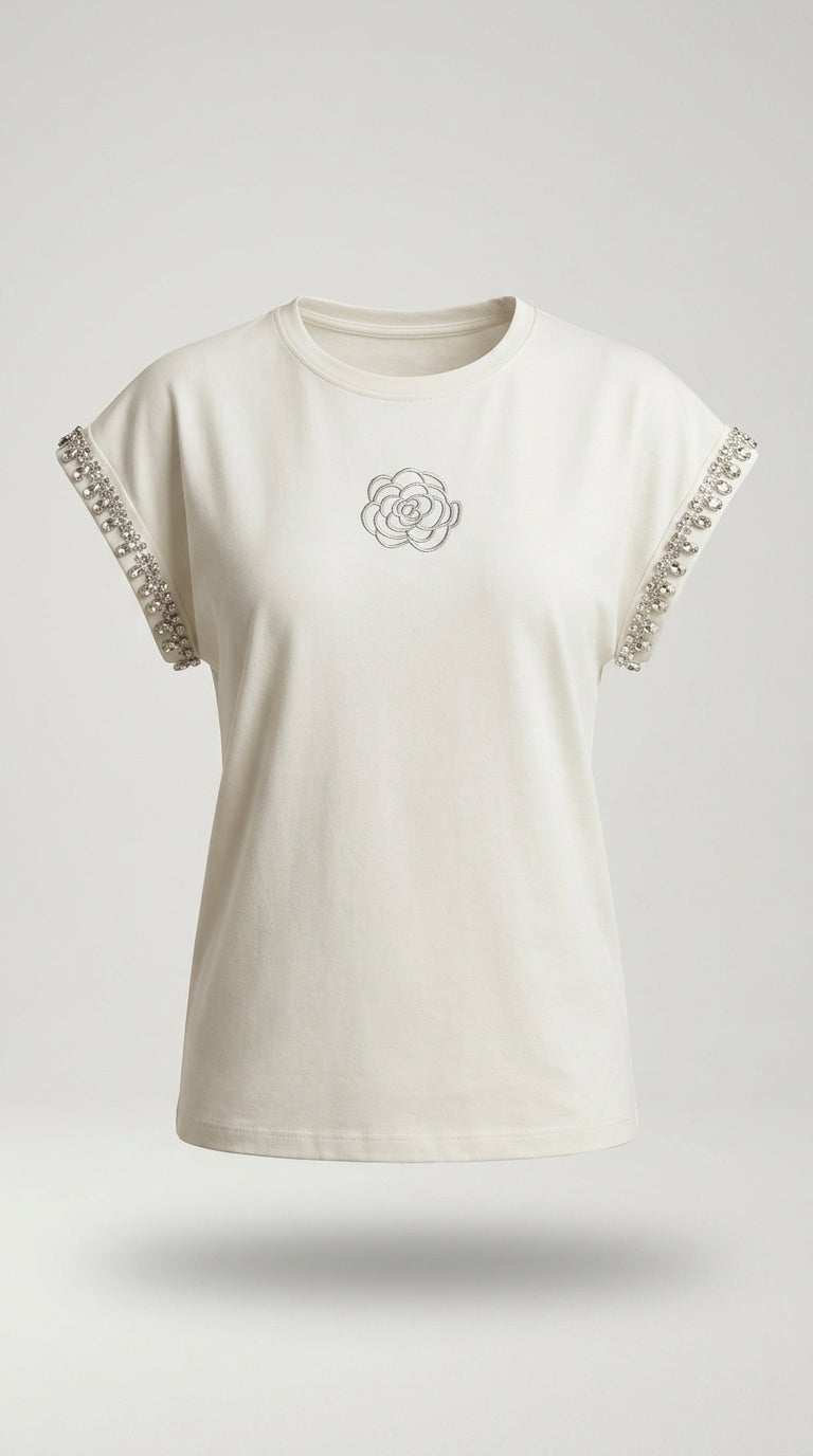 Tricou elegant de damă alb cu broderie trandafir și aplicații strălucitoare pe mâneci | Mira Style