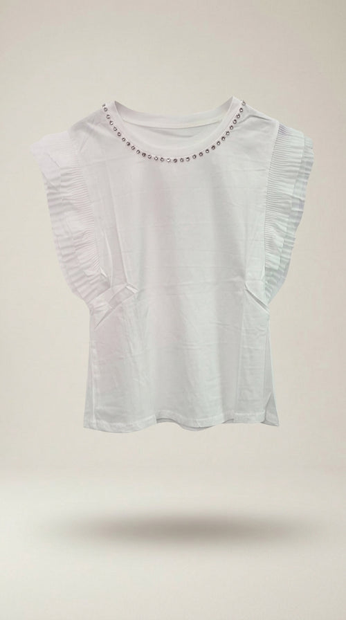 Tricou elegant de damă dalef, alb, cu guler rotund decorat cu cristale și mâneci scurte plisate