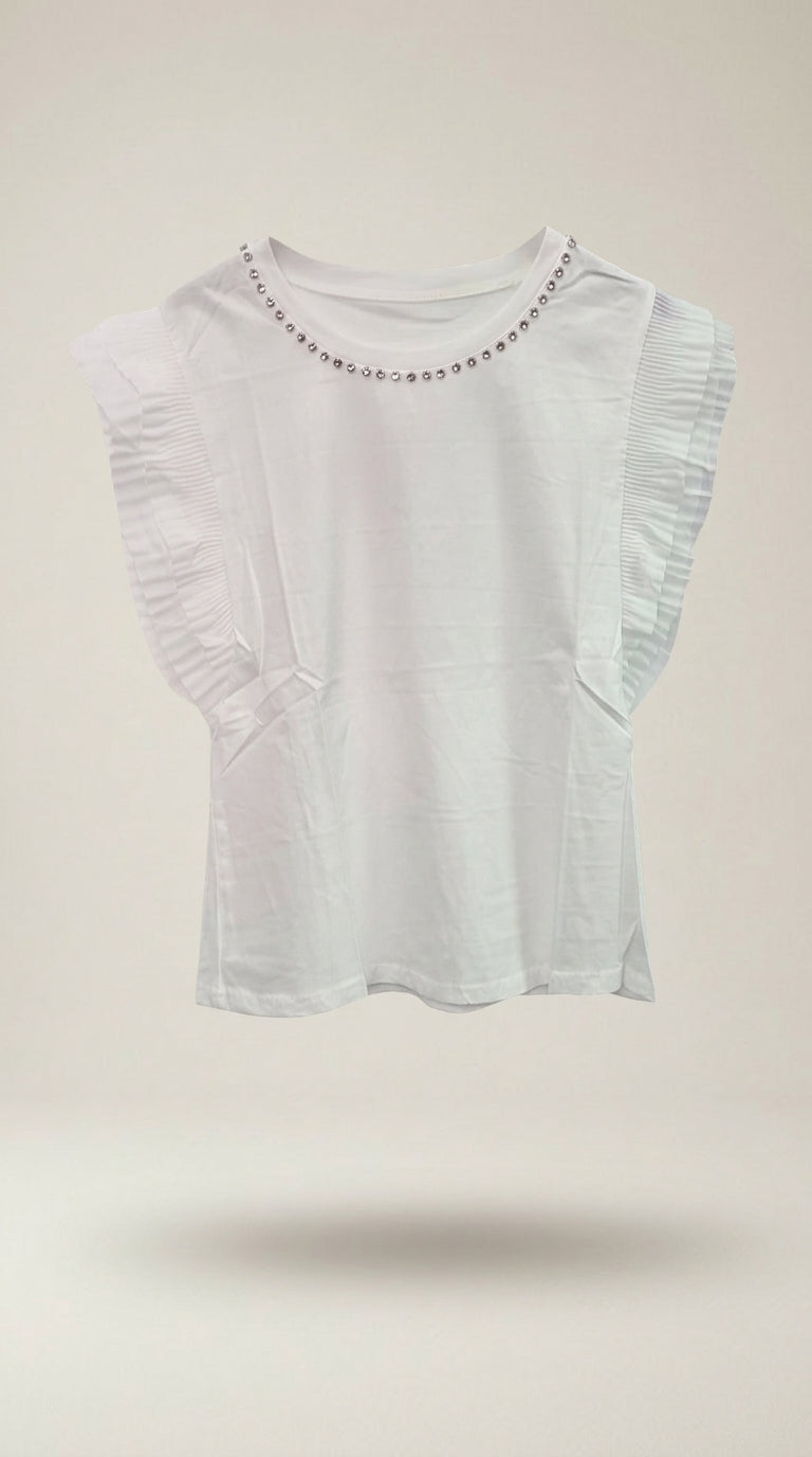 Tricou elegant de damă dalef, alb, cu guler rotund decorat cu cristale și mâneci scurte plisate