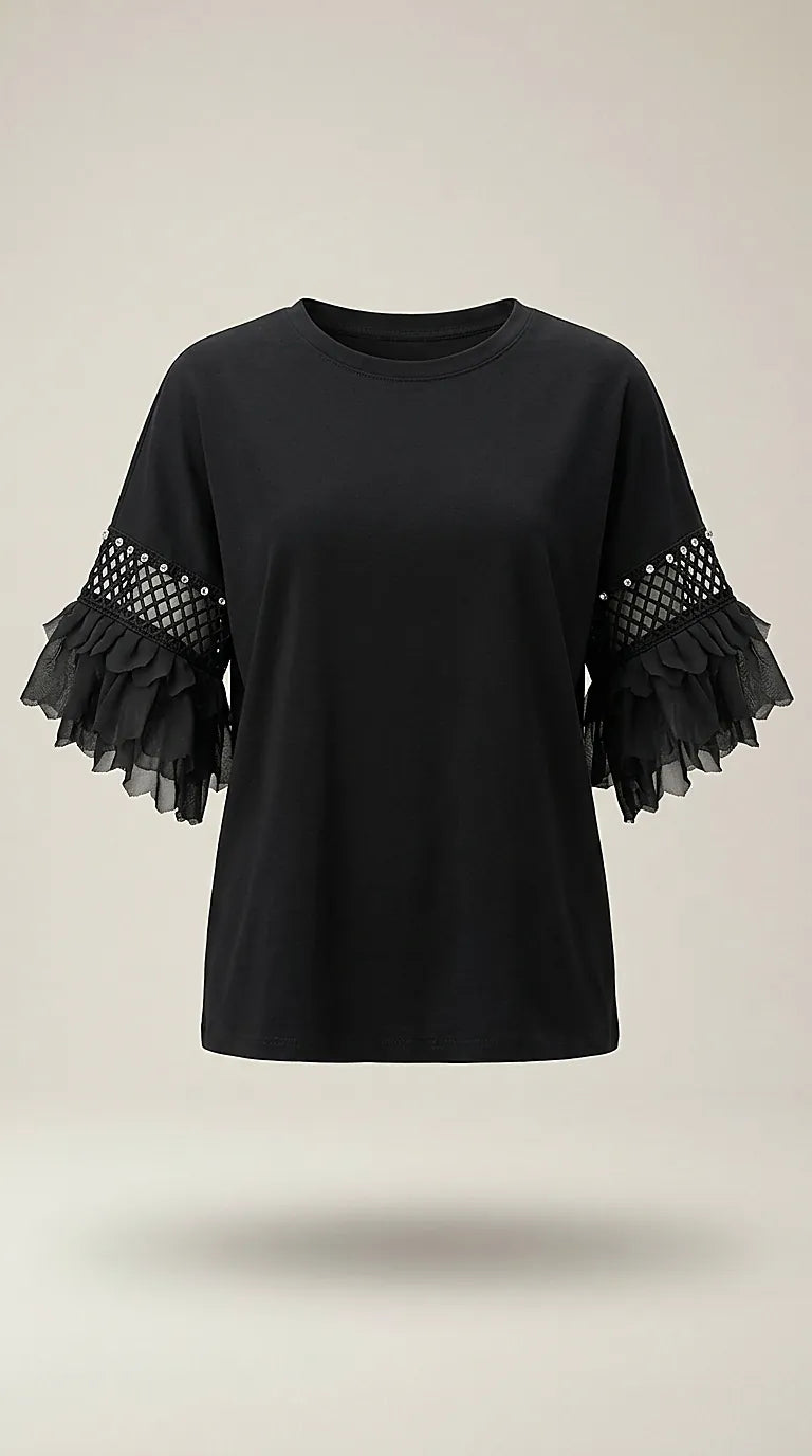 Tricou elegant negru de damă cu mâneci scurte evazate din volane și inserții cu cristale | Mira Style