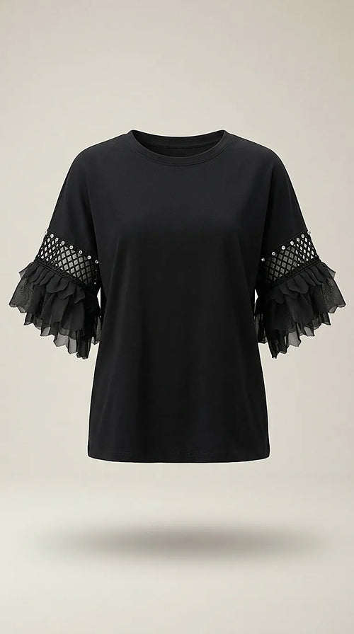 Tricou elegant negru de damă cu mâneci scurte evazate din volane și inserții cu cristale