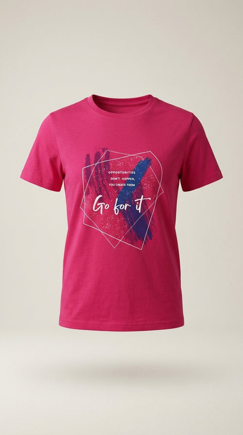 Tricou fucsia de damă cu imprimeu motivațional 'go for it', stil casual modern, bumbac confortabil
