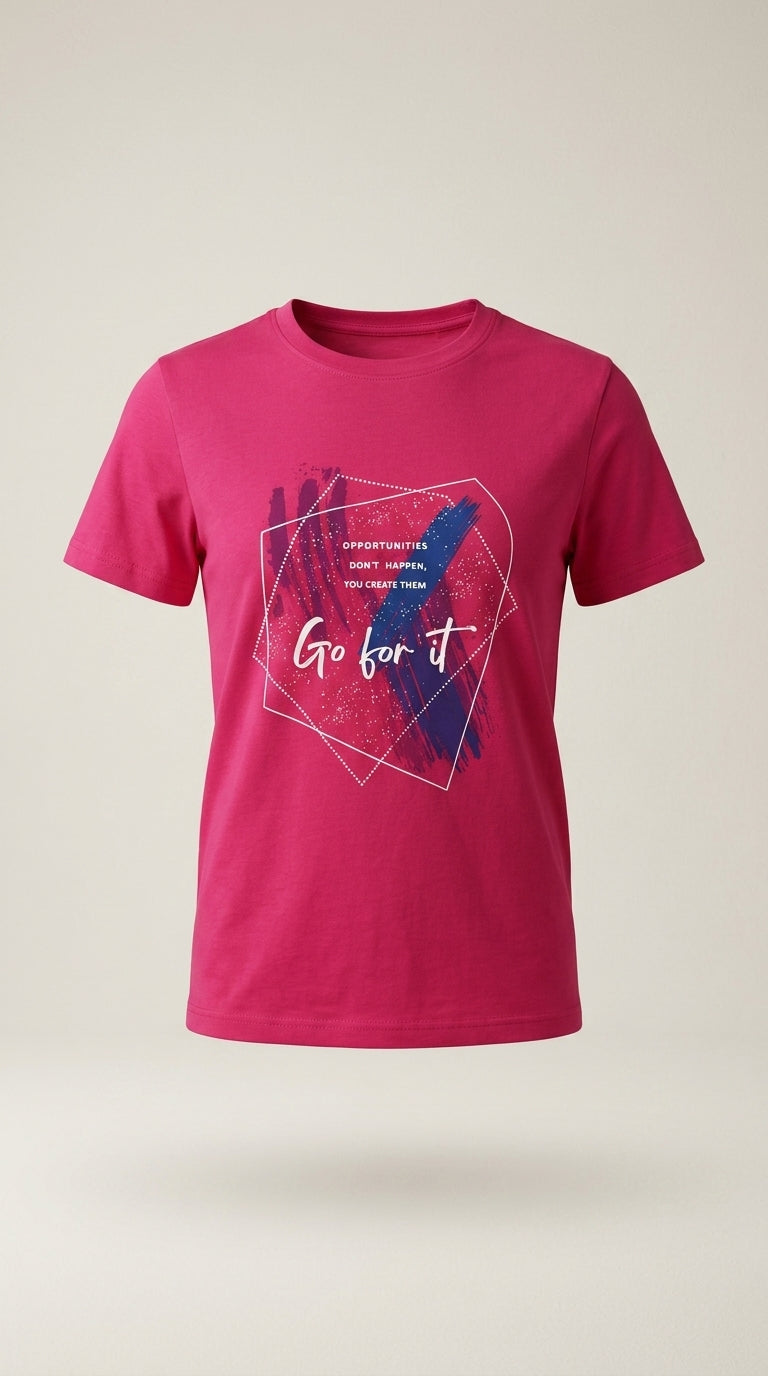 Tricou fucsia de damă cu imprimeu motivațional 'go for it', stil casual modern, bumbac confortabil