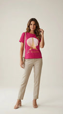 Tricou fucsia pentru femei cu imprimeu auriu turnul eiffel 'je t'aime' paris, stil casual chic din bumbac