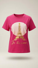 Tricou fucsia pentru femei cu imprimeu auriu turnul eiffel 'je t'aime' paris, stil casual chic din bumbac