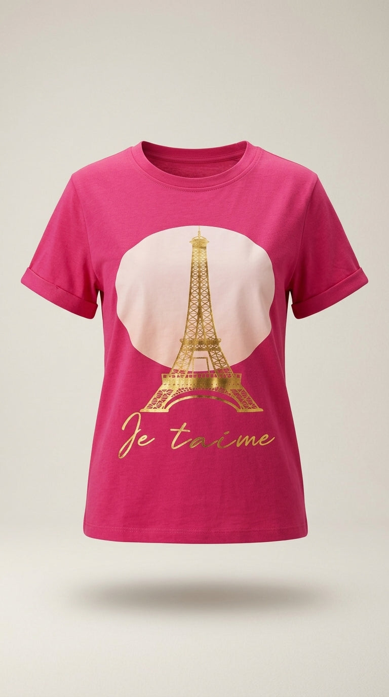 Tricou fucsia pentru femei cu imprimeu auriu turnul eiffel 'je t'aime' paris, stil casual chic din bumbac