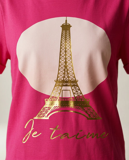 Tricou fucsia pentru femei cu imprimeu auriu turnul eiffel 'je t'aime' paris, stil casual chic din bumbac