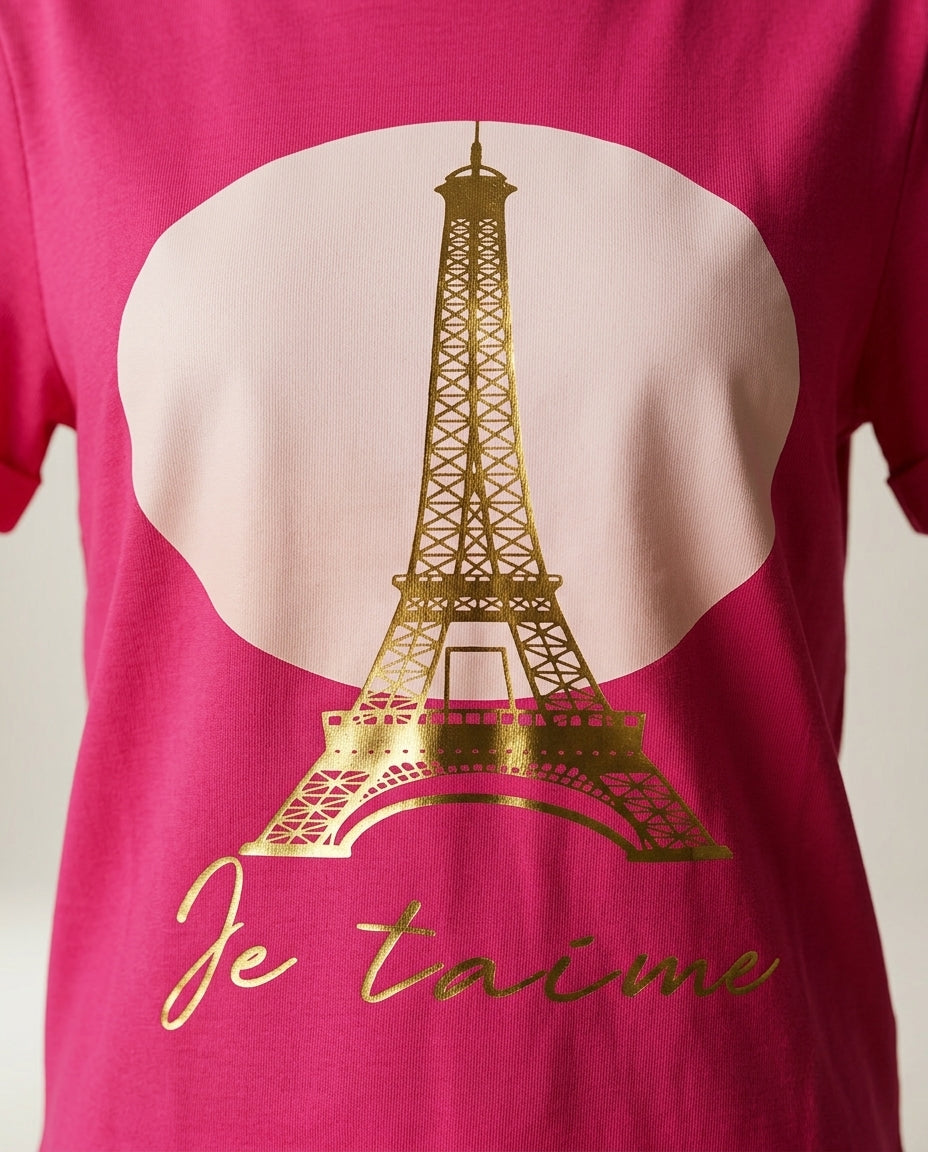 Tricou fucsia pentru femei cu imprimeu auriu turnul eiffel 'je t'aime' paris, stil casual chic din bumbac