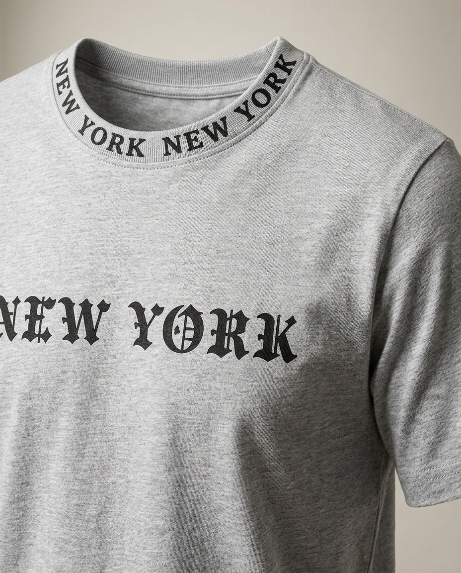 Tricou gri pentru bărbați cu imprimeu 'new york' și guler personalizat, stil casual urban