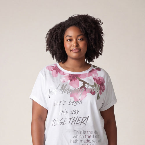 Tricou cu imprimeu floral și șnur, alb — tryon_apropiat