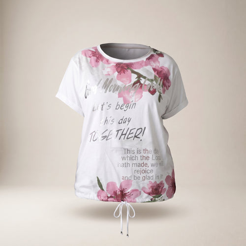 Tricou cu imprimeu floral și șnur, alb — vedere din față
