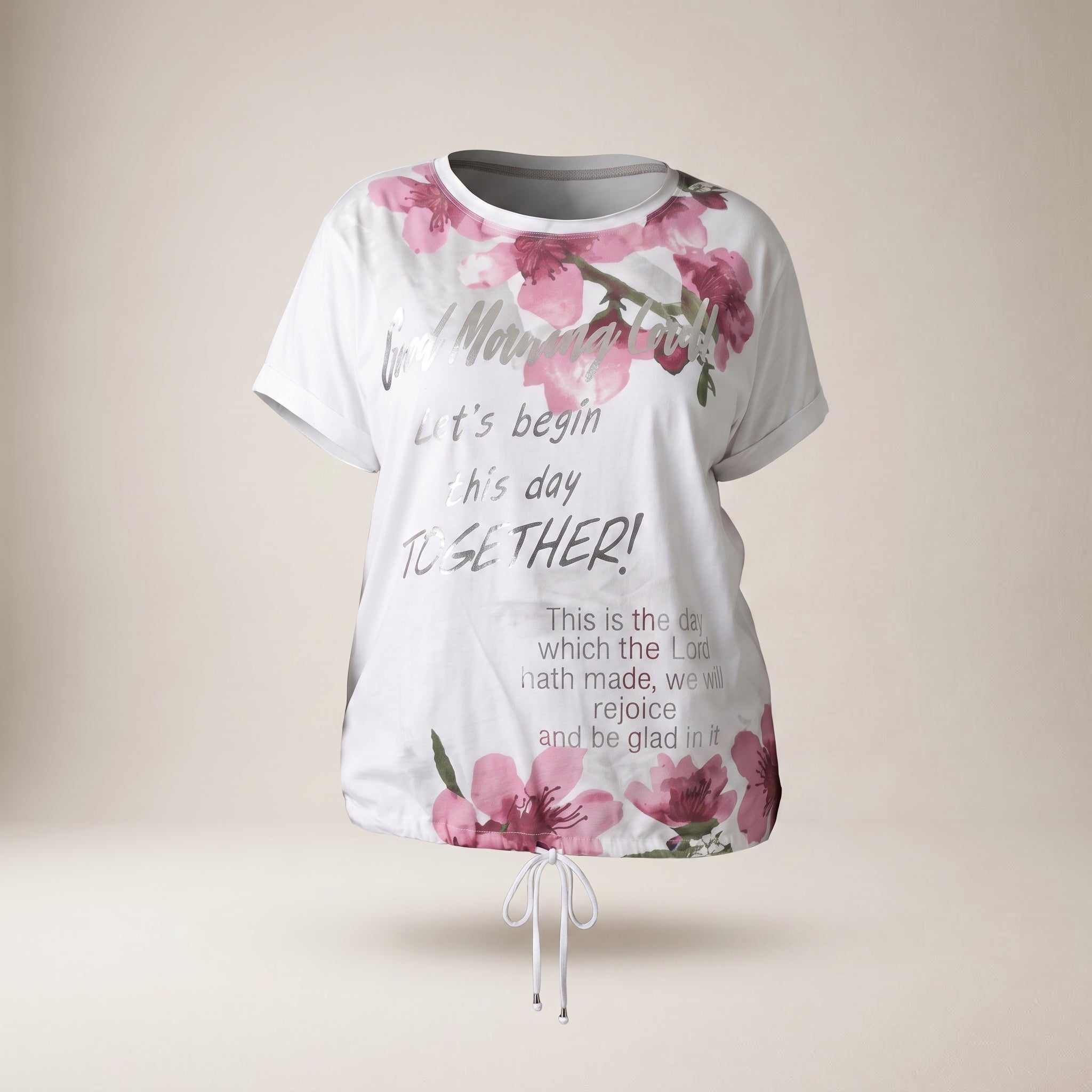 Tricou cu imprimeu floral și șnur, alb — hero_intins