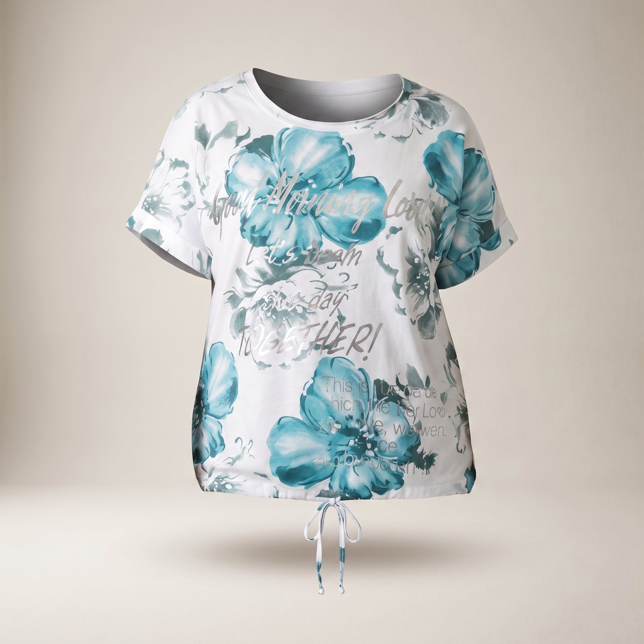 Tricou cu imprimeu floral și șnur în talie — Turcoaz