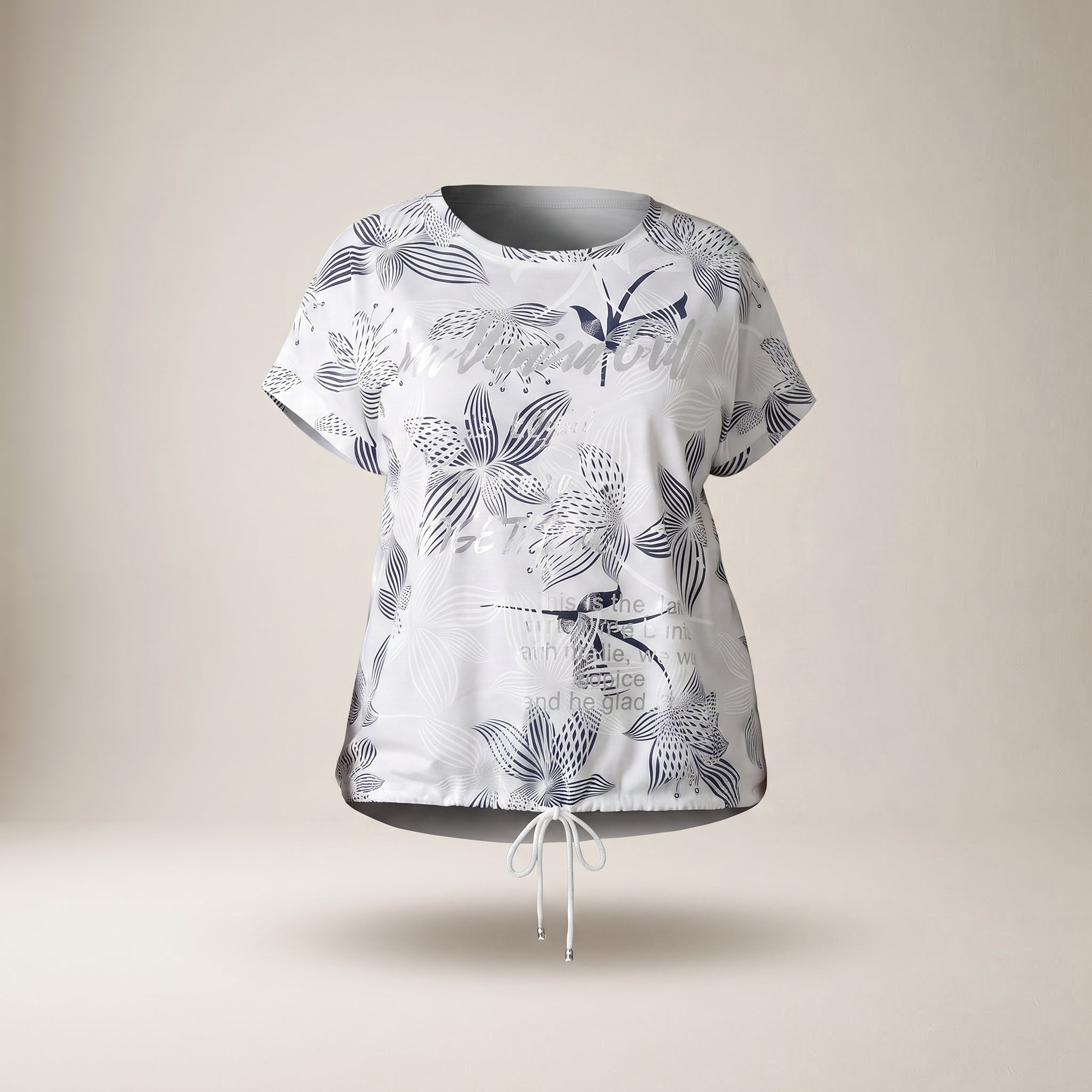 Tricou cu imprimeu floral și șnur în talie — vedere din față