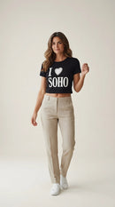 Tricou negru crop top pentru femei 'i love soho' cu inimă decorativă din mărgele, bumbac elastic, stil urban casual