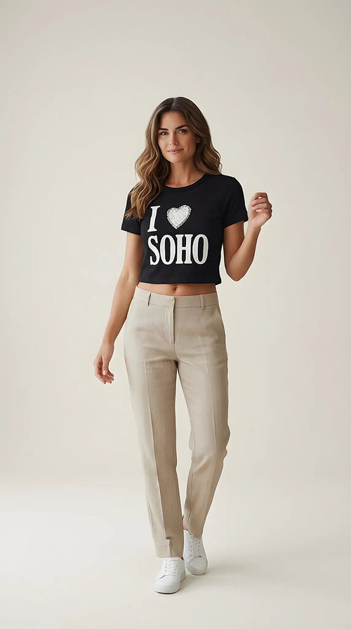 Tricou negru crop top pentru femei 'i love soho' cu inimă decorativă din mărgele, bumbac elastic, stil urban casual