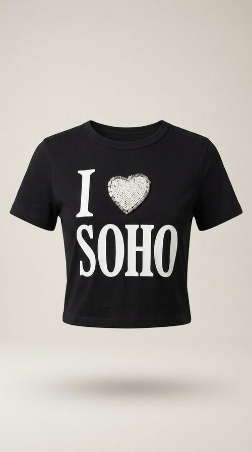Tricou negru crop top pentru femei 'i love soho' cu inimă decorativă din mărgele, bumbac elastic, stil urban casual