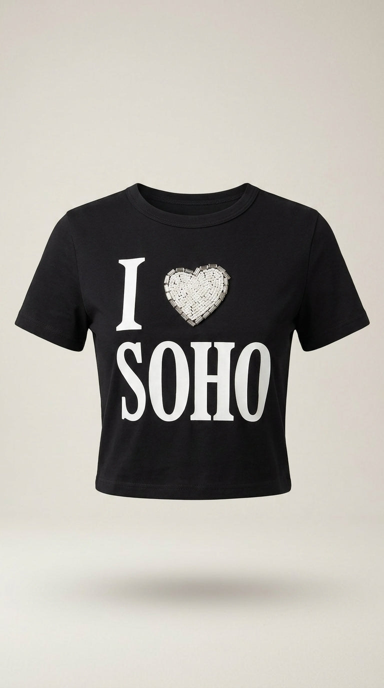 Tricou negru crop top pentru femei 'i love soho' cu inimă decorativă din mărgele, bumbac elastic, stil urban casual
