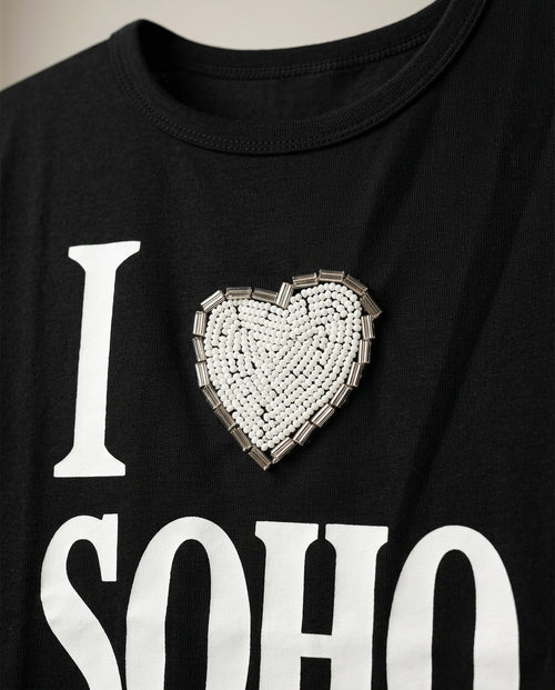 Tricou negru crop top pentru femei 'i love soho' cu inimă decorativă din mărgele, bumbac elastic, stil urban casual