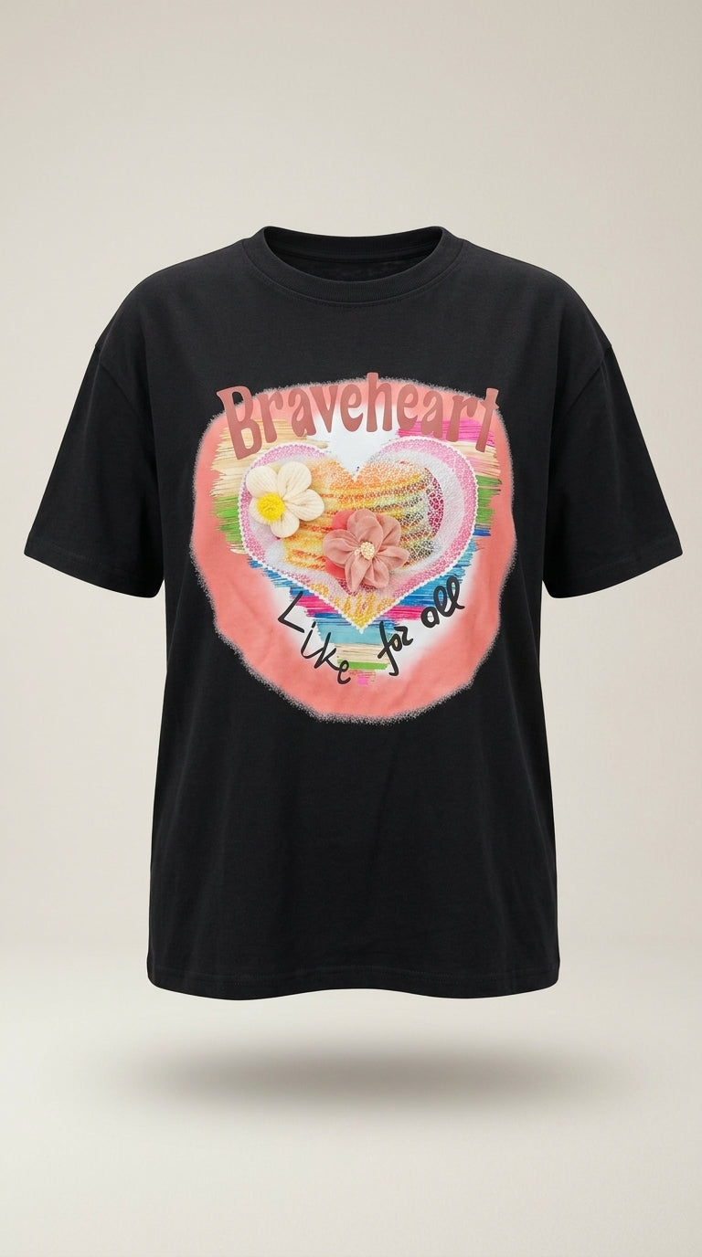 Tricou negru de damă 'braveheart' cu imprimeu multicolor în formă de inimă și aplicații florale 3d