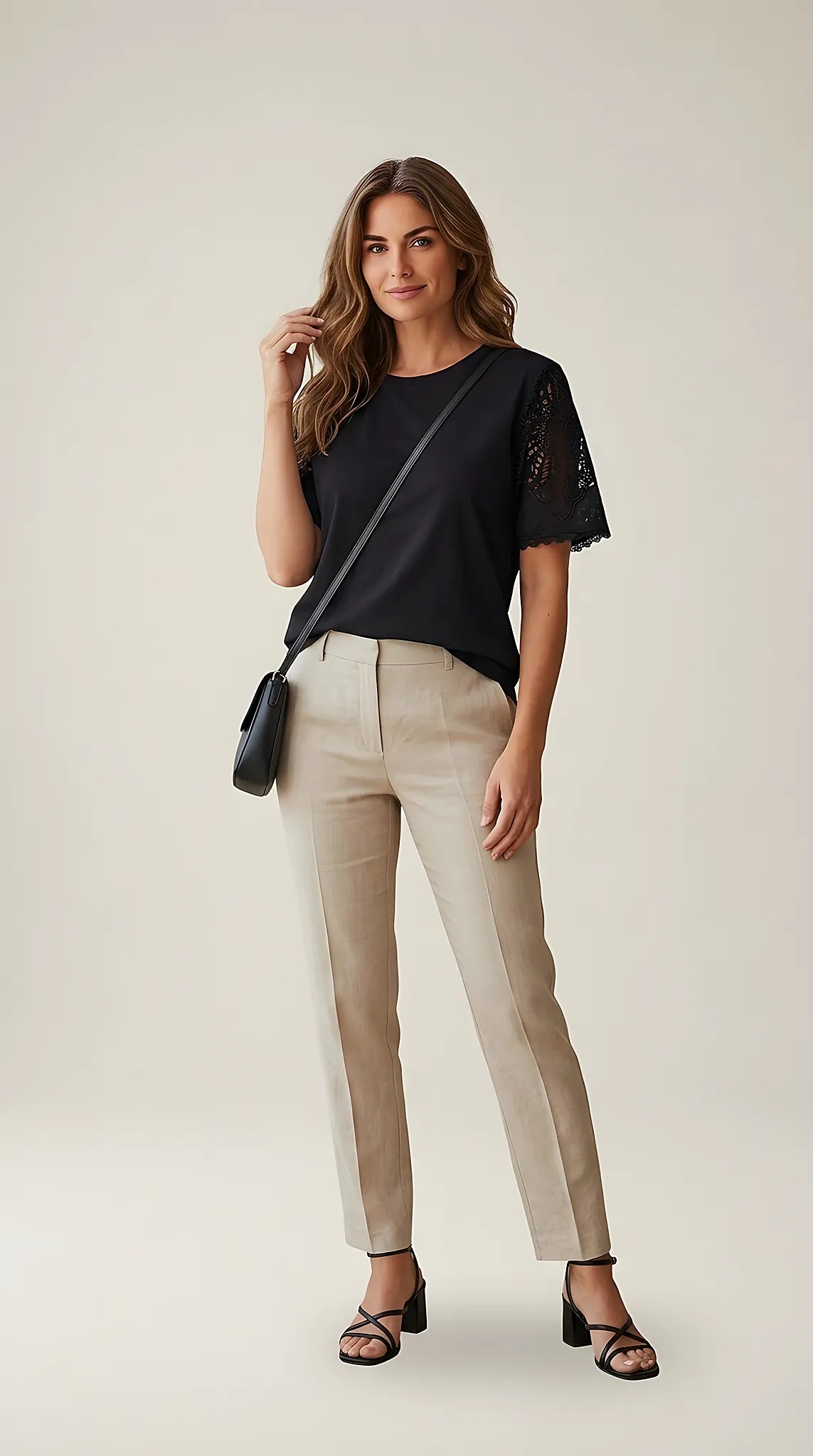 Tricou negru de damă cu mâneci din dantelă brodată, guler rotund, stil casual elegant