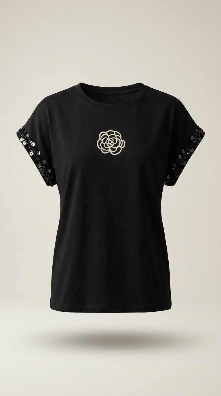 Tricou negru de damă dalef cu broderie floare și mâneci decorate cu paiete, stil casual-elegant | Mira Style