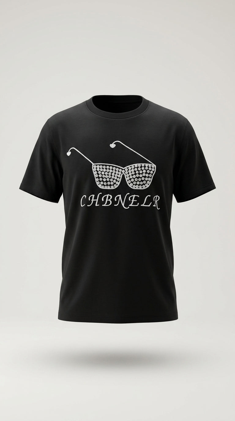 Tricou negru de damă din bumbac cu imprimeu ochelari, cristale și broderie 'chbnelr' | Mira Style