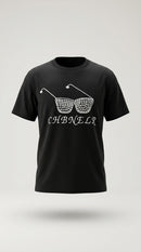 Tricou negru de damă din bumbac cu imprimeu ochelari, cristale și broderie 'chbnelr'
