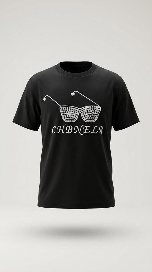 Tricou negru de damă din bumbac cu imprimeu ochelari, cristale și broderie 'chbnelr'