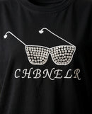 Tricou negru de damă din bumbac cu imprimeu ochelari, cristale și broderie 'chbnelr'