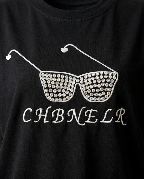 Tricou negru de damă din bumbac cu imprimeu ochelari, cristale și broderie 'chbnelr'