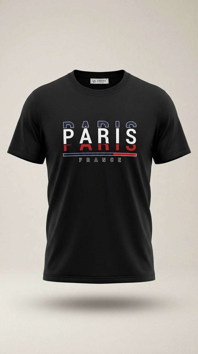 Tricou negru pentru bărbați zagora active cu imprimeu grafic 'paris france', din bumbac, stil casual modern | Mira Style
