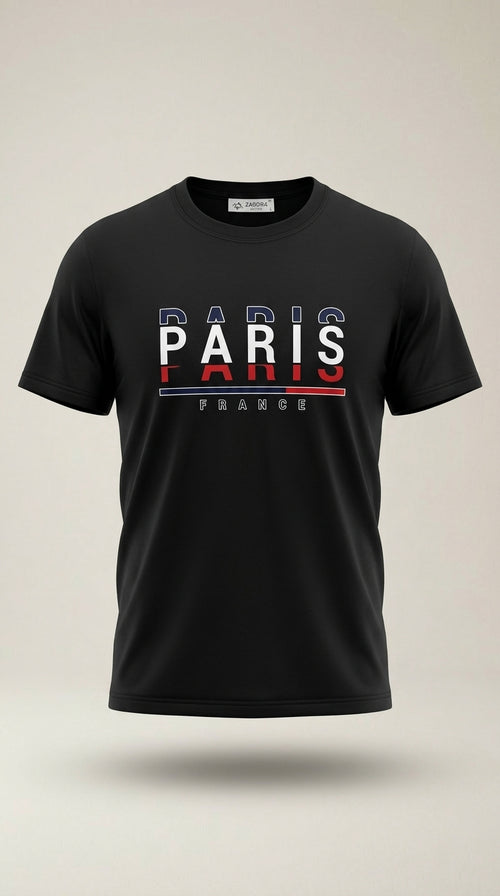 Tricou negru pentru bărbați zagora active cu imprimeu grafic 'paris france', din bumbac, stil casual modern