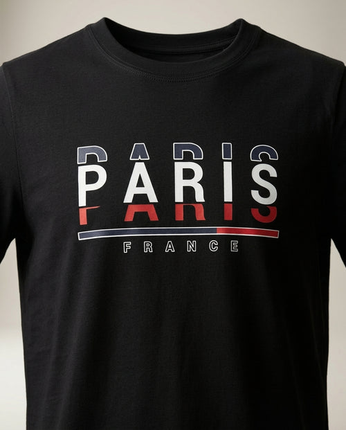 Tricou negru pentru bărbați zagora active cu imprimeu grafic 'paris france', din bumbac, stil casual modern