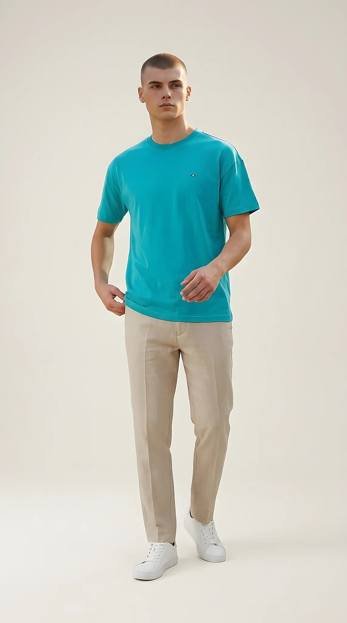 Tricou pentru bărbați comeor, culoare turcoaz, din bumbac premium, cu guler rotund și logo discret brodat, model casual de vară | Mira Style