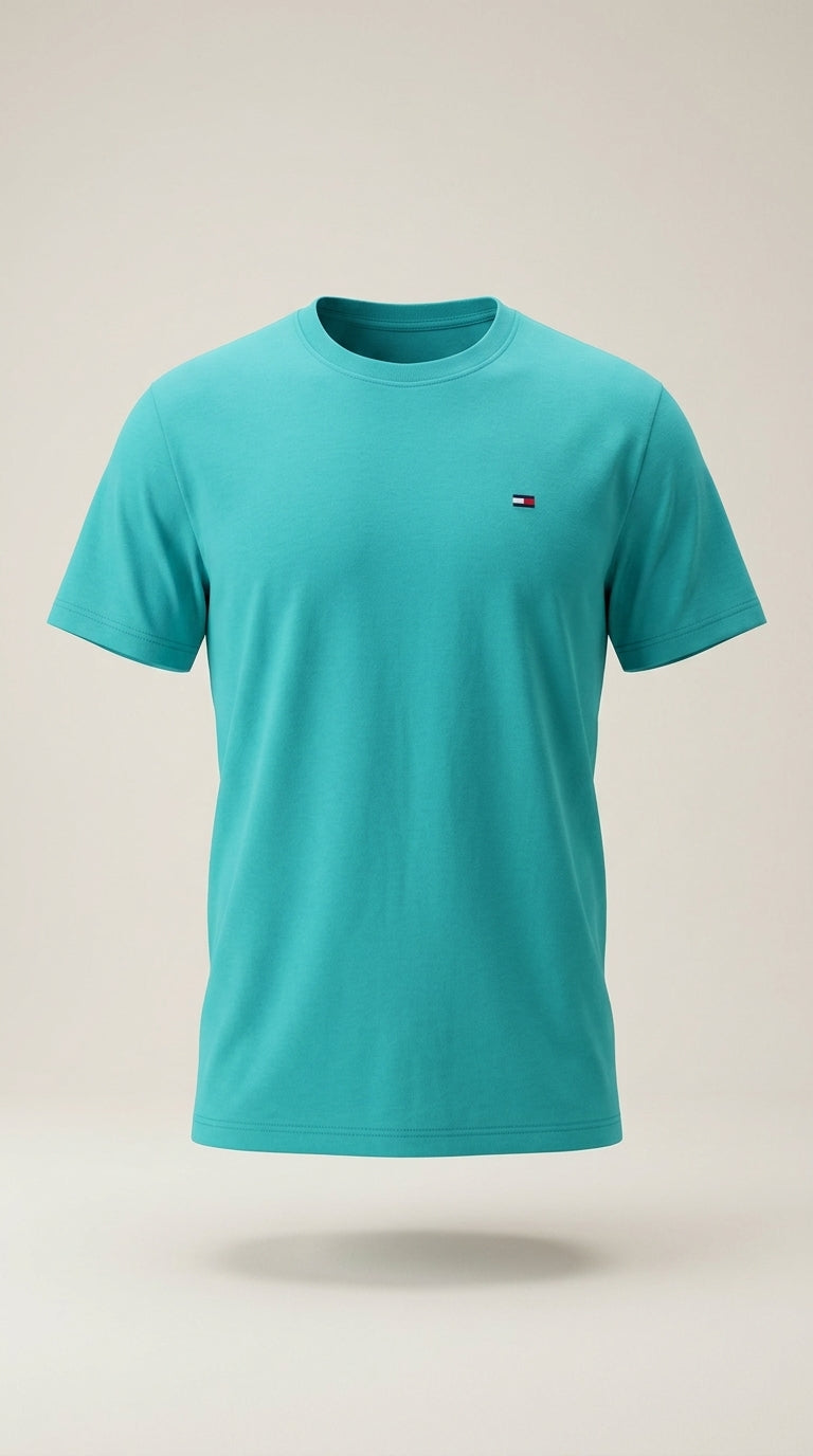 Tricou pentru bărbați comeor, culoare turcoaz, din bumbac premium, cu guler rotund și logo discret brodat, model casual de vară | Mira Style