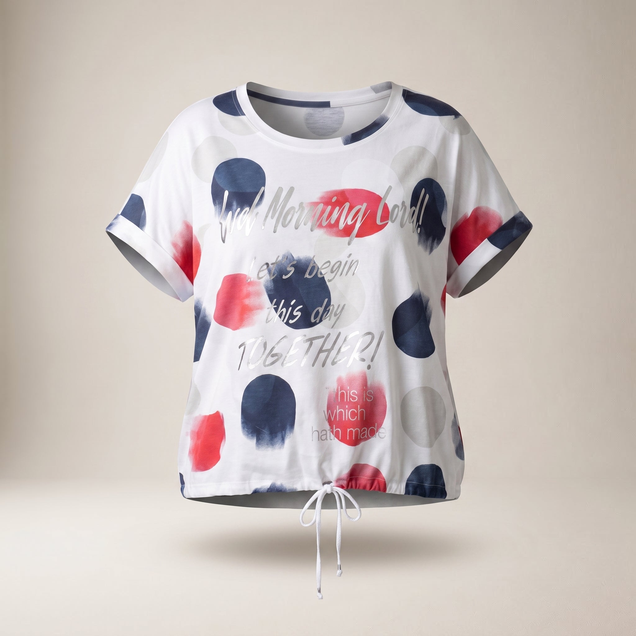 Tricou plus size cu imprimeu și șnur — vedere din față