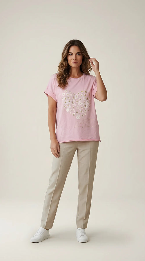 Tricou roz pudrat pentru femei cu imprimeu floral în formă de inimă și mesaj, mânecă scurtă stil casual