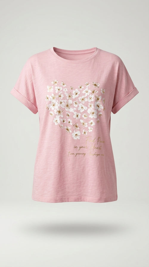 Tricou roz pudrat pentru femei cu imprimeu floral în formă de inimă și mesaj, mânecă scurtă stil casual