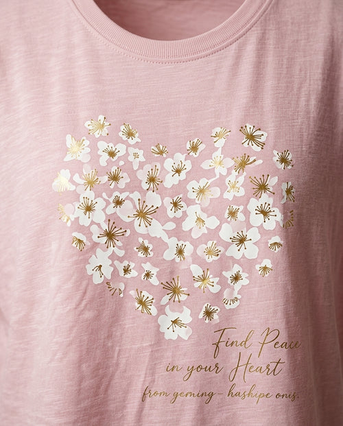 Tricou roz pudrat pentru femei cu imprimeu floral în formă de inimă și mesaj, mânecă scurtă stil casual
