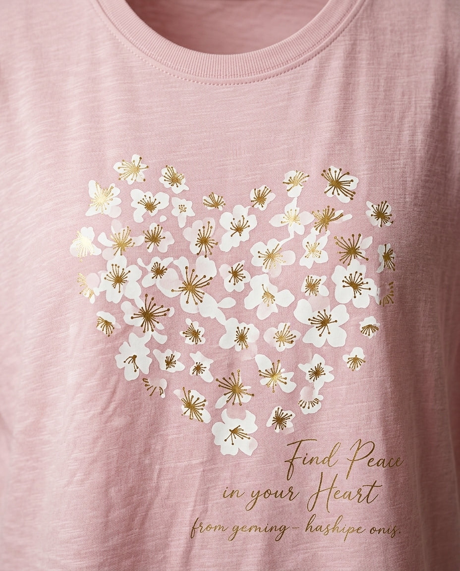 Tricou roz pudrat pentru femei cu imprimeu floral în formă de inimă și mesaj, mânecă scurtă stil casual